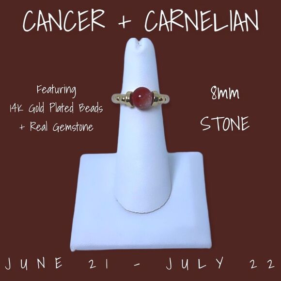 NWT Wool + Pepper Co. Zodiac + Gemstone - Cancer + Carnelian Ring (Gold) 8mm - Picture 1 of 5